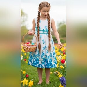 Sunny Fashion Floral Blue and White Kids Dress Girls Sz‎ 9/10 NWT